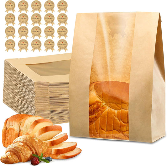 50 Pcs Bread Bags for Homemade Bread, Sourdough Paper With Window, 50% Thicker 13.7x8.2x3.7in A Large Bakery Used Storage Cookies & Snacks, 60 Cute Sealing Stickers Ties
