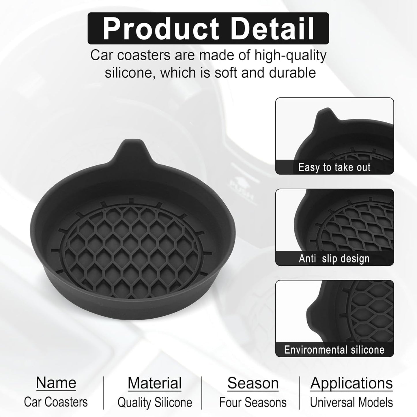 Petluno Car Cup Holder Coaster, Silicone Insert, Universal Non-Slip Holders, Interior Accessories for Women and Men, 4 Pack Black