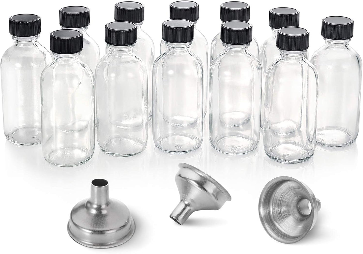 Petluno 12 Pack, 2 oz Small Clear Glass Bottles w/Lid & 3 Funnels - 60ml Boston Shot for Health, Immunity, Potion, Wellness, Sample, Ginger, Juice Mini Personal Care Beauty Travel Bottle