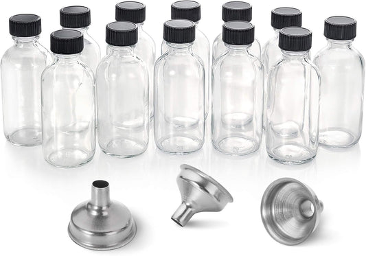 Petluno 12 Pack, 2 oz Small Clear Glass Bottles w/Lid & 3 Funnels - 60ml Boston Shot for Health, Immunity, Potion, Wellness, Sample, Ginger, Juice Mini Personal Care Beauty Travel Bottle