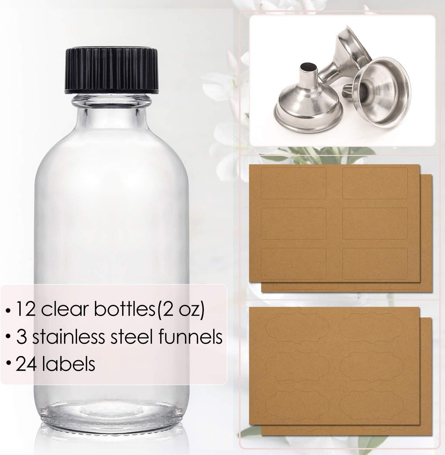 Petluno 12 Pack, 2 oz Small Clear Glass Bottles w/Lid & 3 Funnels - 60ml Boston Shot for Health, Immunity, Potion, Wellness, Sample, Ginger, Juice Mini Personal Care Beauty Travel Bottle