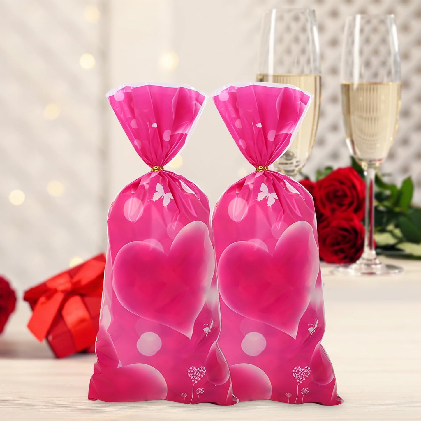 Petluno 50 Pink Gift Bags for Valentine's Day Decoration Peach Heart Small Candy Bag Women's Valentine's Gift Hair with Linen Candy Bags Party Favor Christmas Birthday