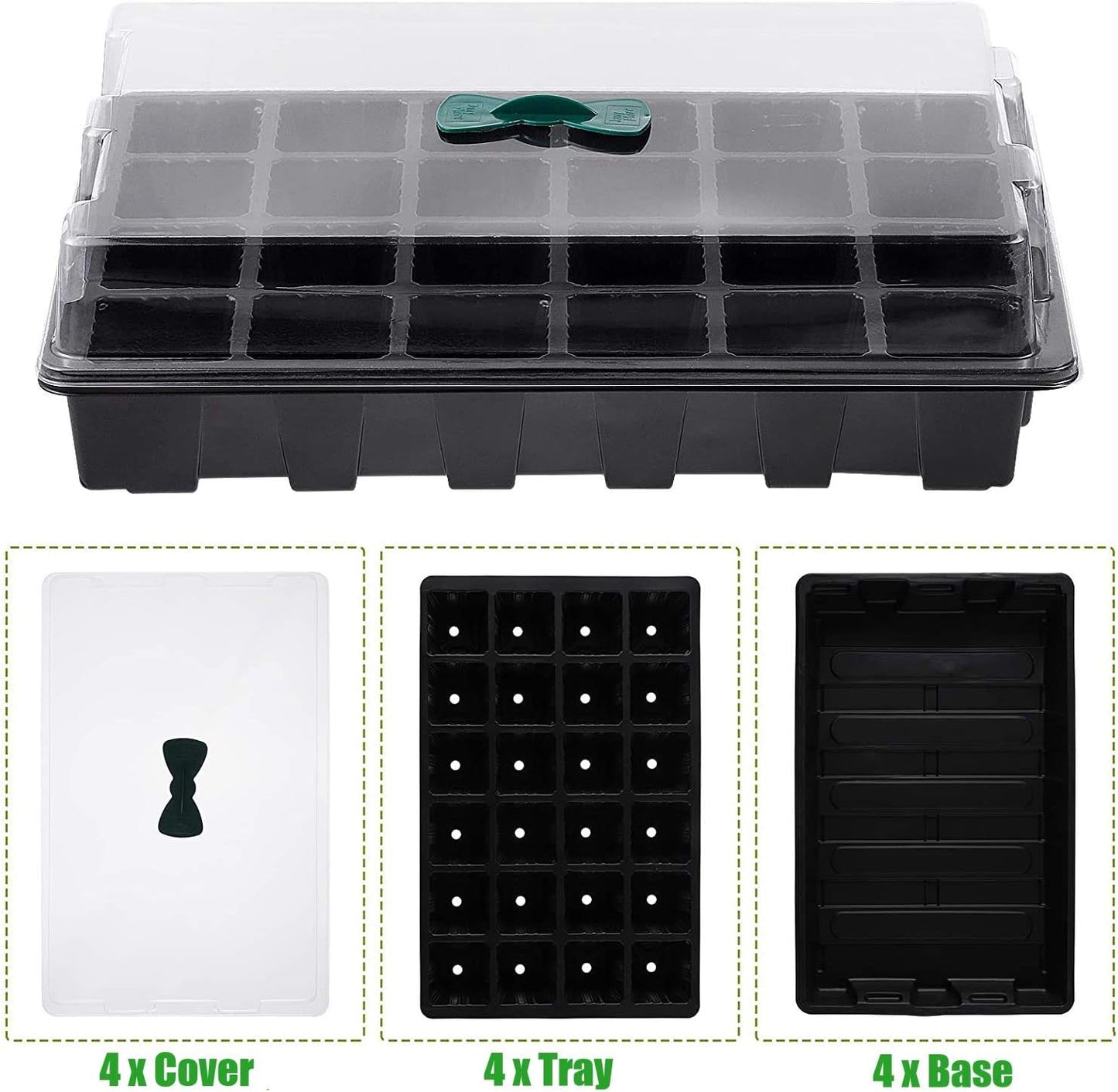 Petluno 4-piece seedling trays, 24-cell plastic seedling propagation trays, flower seed growing containers with adjustable ventilation openings for greenhouse, garden, home (with lids and bases)