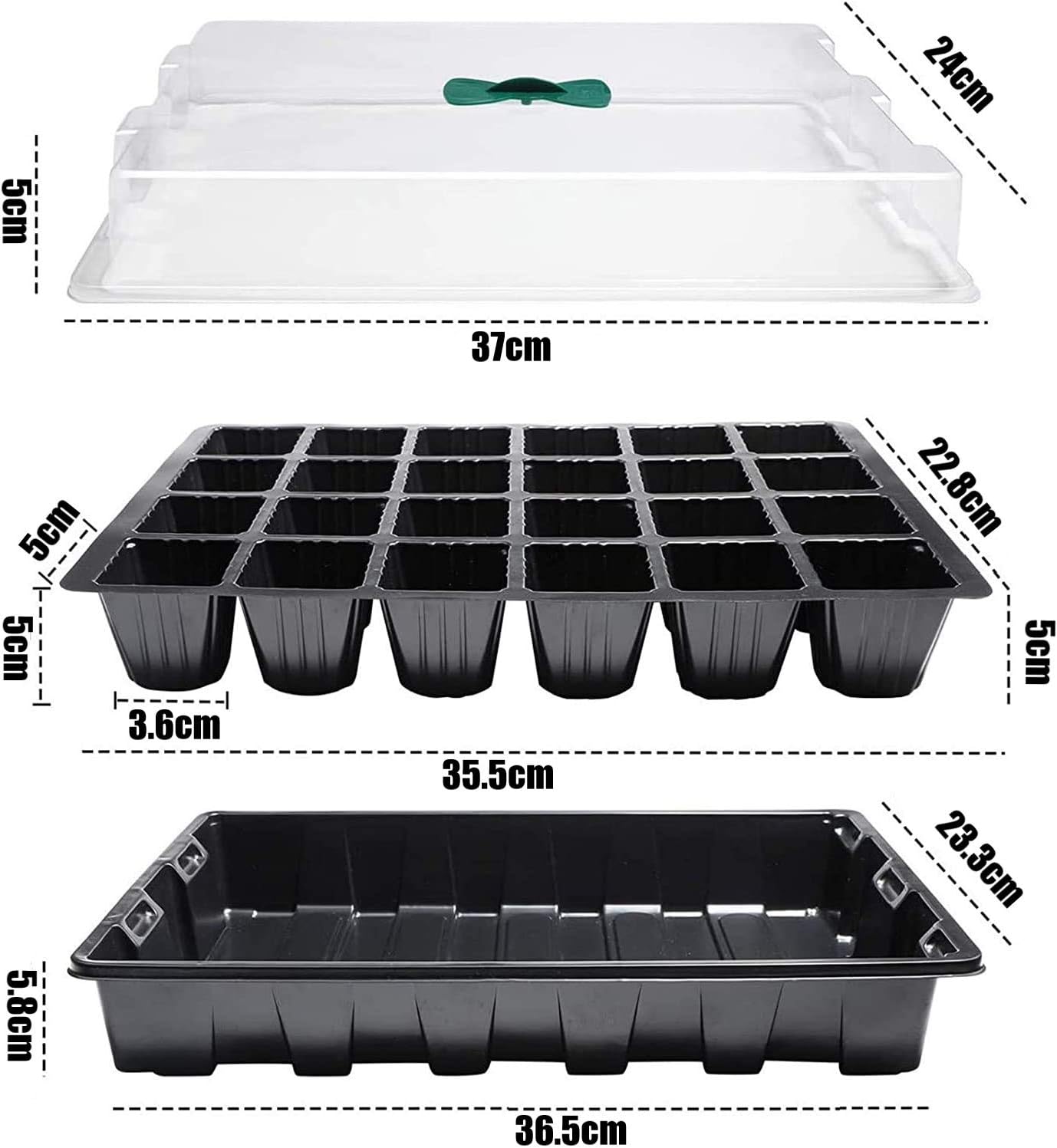 Petluno 4-piece seedling trays, 24-cell plastic seedling propagation trays, flower seed growing containers with adjustable ventilation openings for greenhouse, garden, home (with lids and bases)