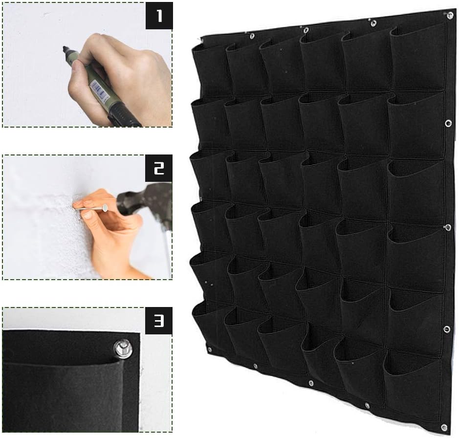 Vertical wall planter, compartments for hanging planters, felt bags, vertical flower pot, plant bag, wall growing bag, garden decoration (black) Black