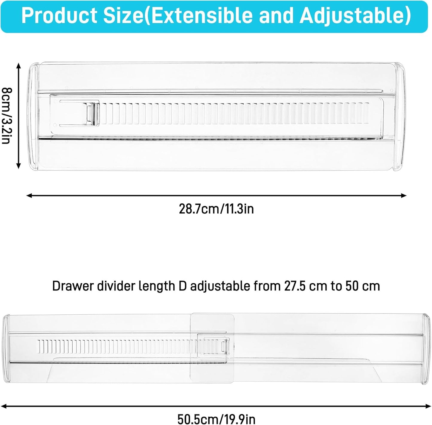 6 pieces of drawer dividers, adjustable drawer dividers (28-50cm), transparent plastic for kitchen storage, bedroom, drawer cabinet, with double-sided tape