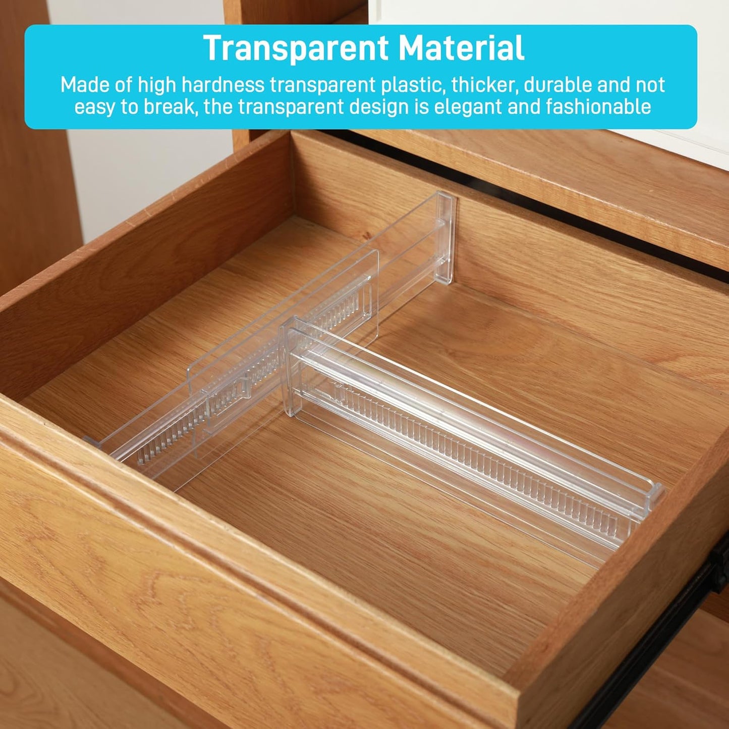 6 pieces of drawer dividers, adjustable drawer dividers (28-50cm), transparent plastic for kitchen storage, bedroom, drawer cabinet, with double-sided tape