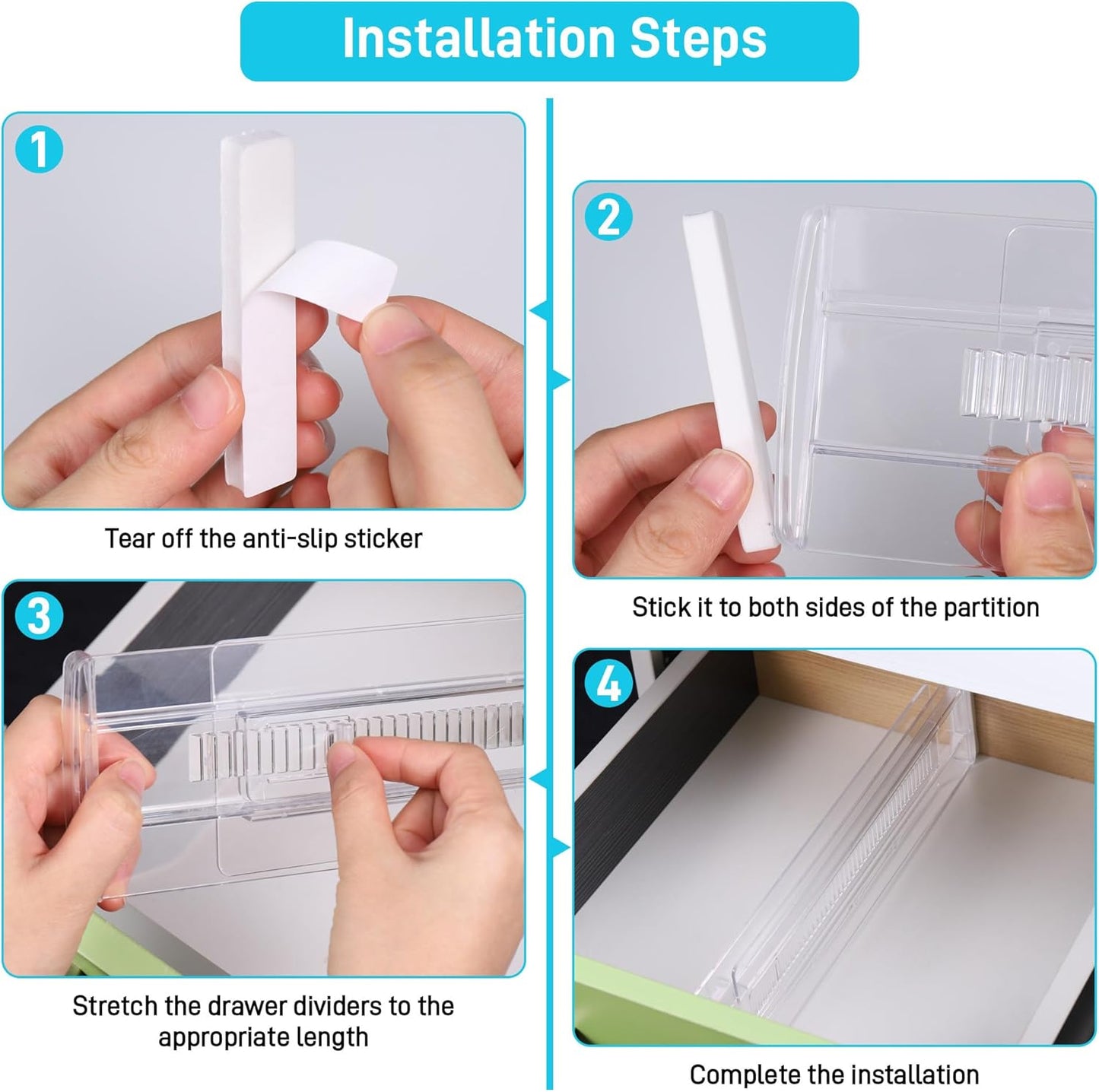 6 pieces of drawer dividers, adjustable drawer dividers (28-50cm), transparent plastic for kitchen storage, bedroom, drawer cabinet, with double-sided tape