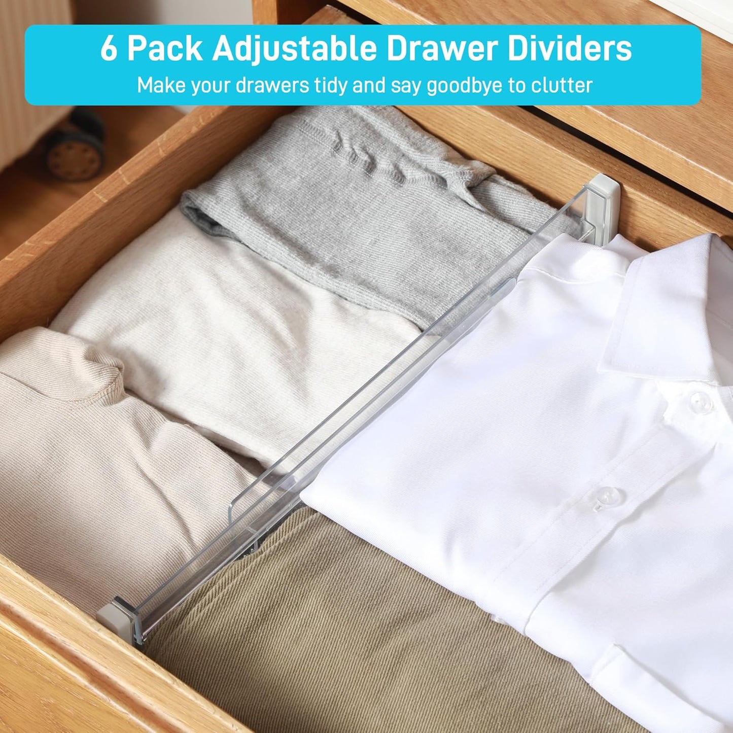 6 pieces of drawer dividers, adjustable drawer dividers (28-50cm), transparent plastic for kitchen storage, bedroom, drawer cabinet, with double-sided tape