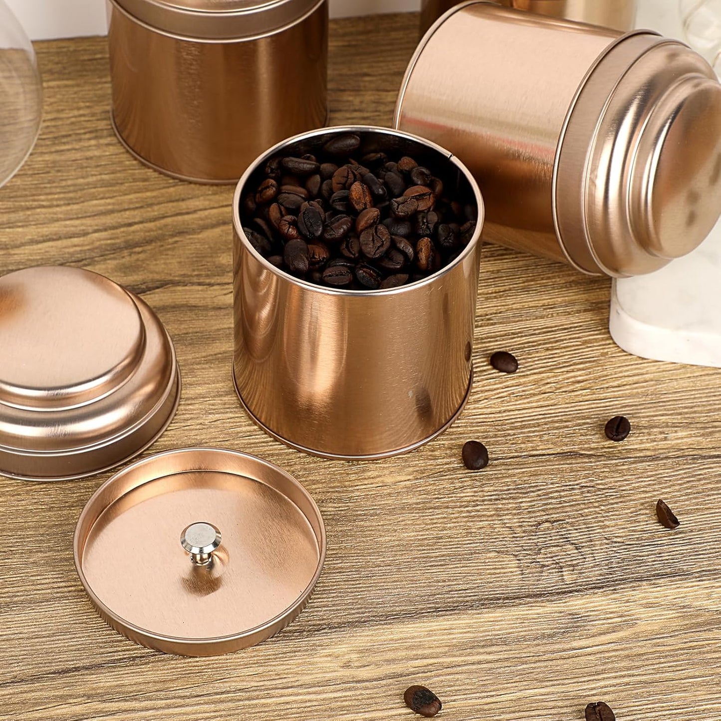 Petluno Set of 6 Loose Leaf Tea Tins 227ml Metal Nut Storage Jars Airtight Containers Kitchen Spice Jars, Food Tin for Tea, Coffee, Biscuits, Sugar