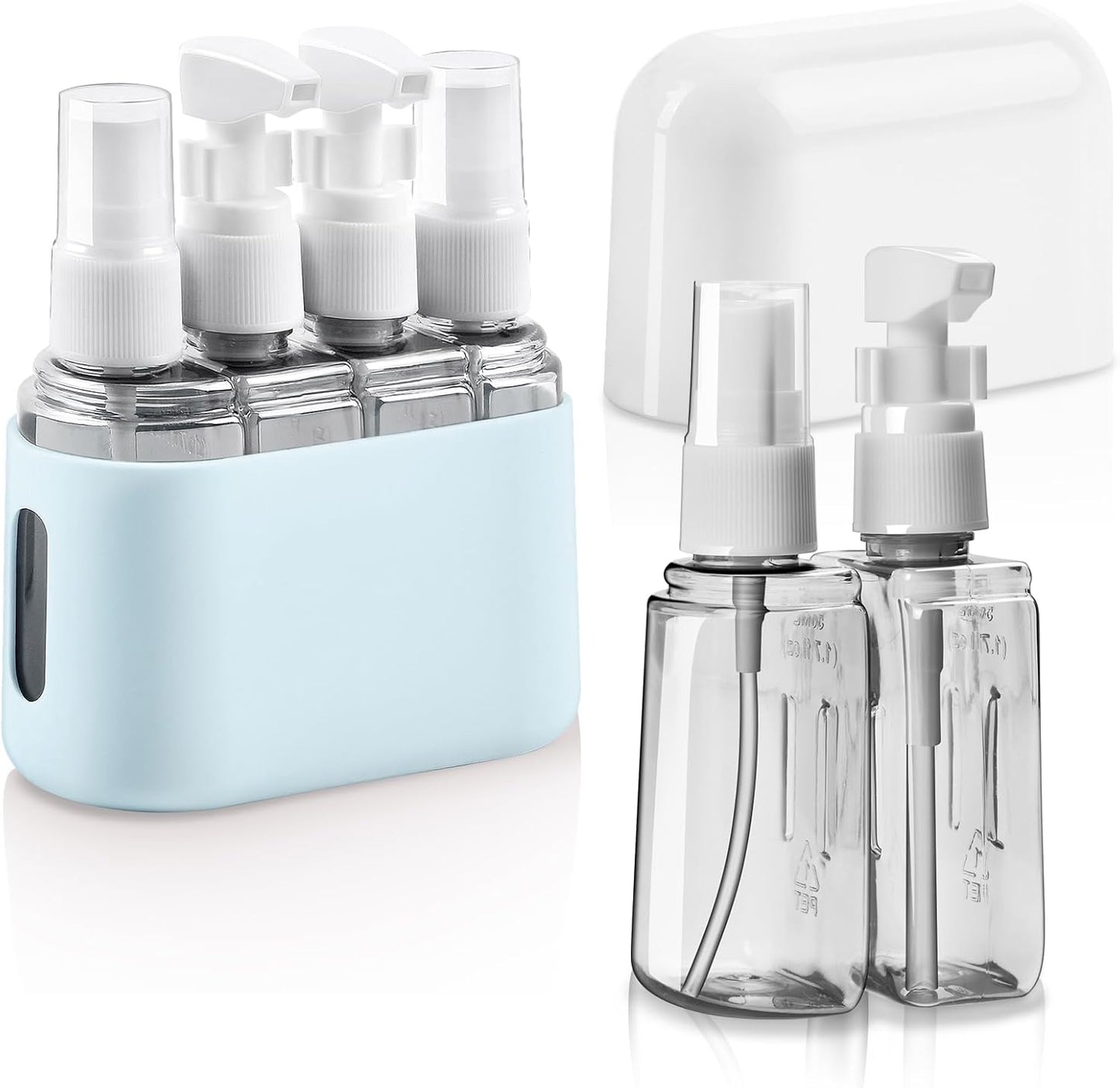 Petluno 4-1 transparent travel bottle set, 50 ml refillable for toiletries, shampoo, cosmetic liquid - 2 spray, pump bottles, labels, box included Blue