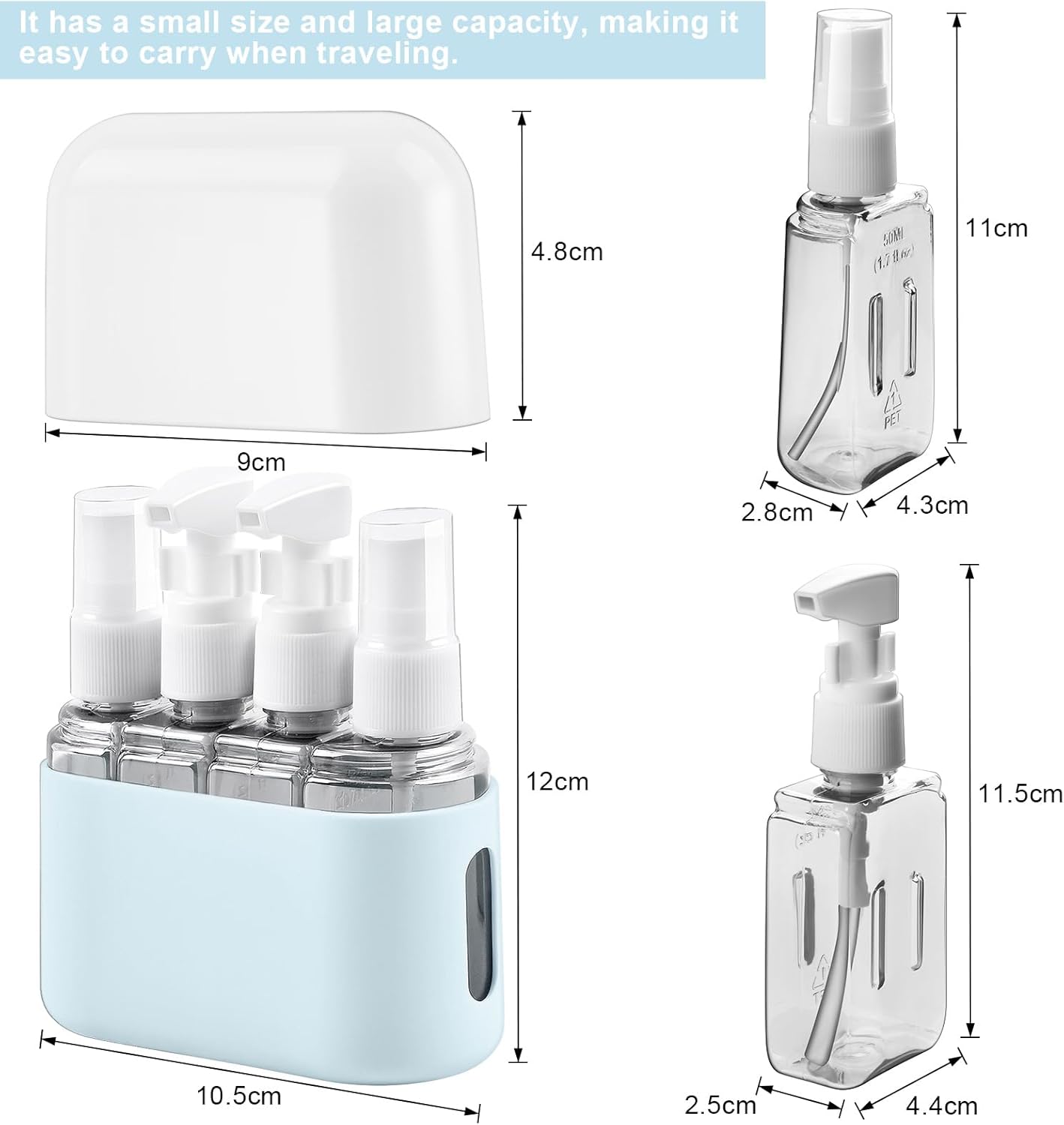 Petluno 4-1 transparent travel bottle set, 50 ml refillable for toiletries, shampoo, cosmetic liquid - 2 spray, pump bottles, labels, box included Blue