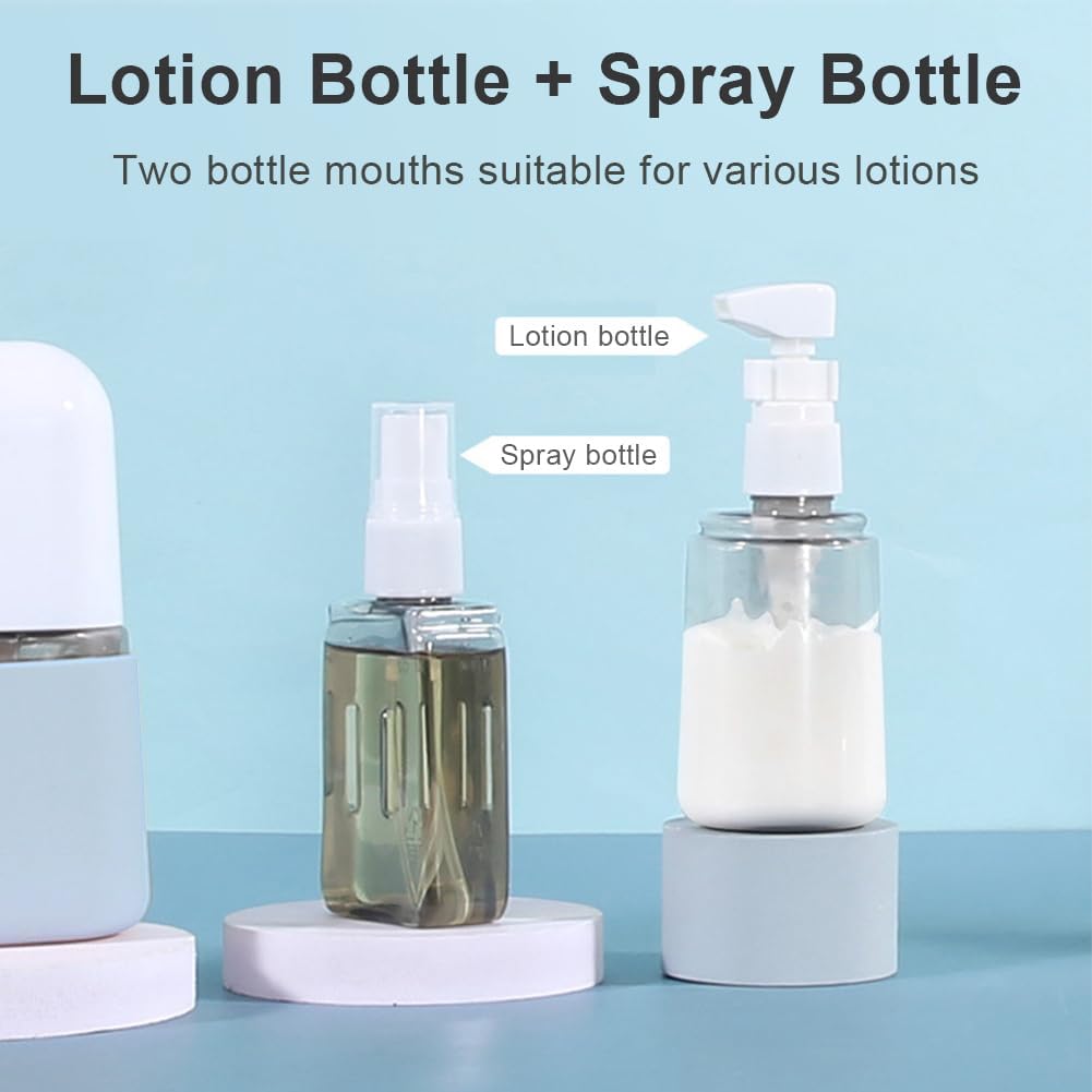Petluno 4-1 transparent travel bottle set, 50 ml refillable for toiletries, shampoo, cosmetic liquid - 2 spray, pump bottles, labels, box included Blue