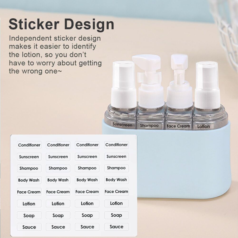 Petluno 4-1 transparent travel bottle set, 50 ml refillable for toiletries, shampoo, cosmetic liquid - 2 spray, pump bottles, labels, box included Blue
