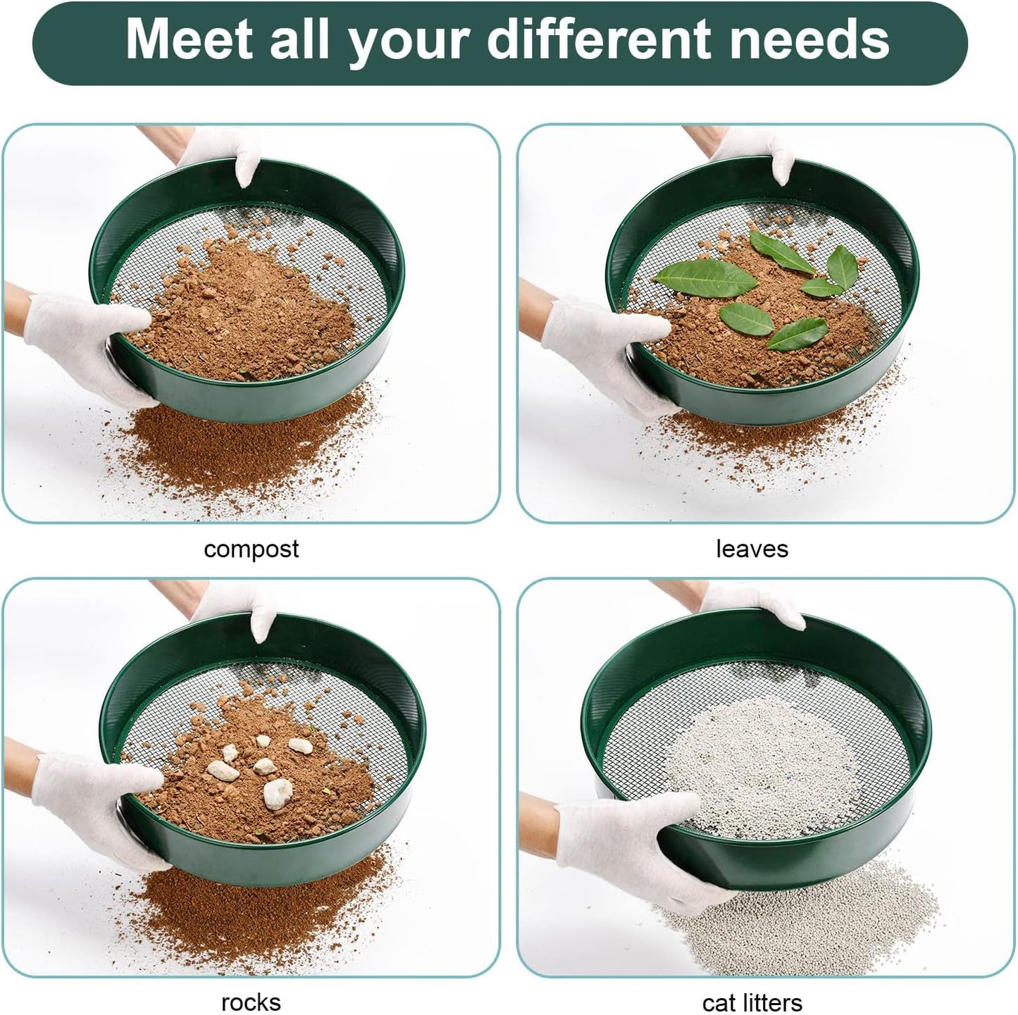 Garden sieve, soil sieve with interchangeable mesh sizes 3, 6, 9 and 12 mm, perfect garden tool for sifting soil, stones and compost.