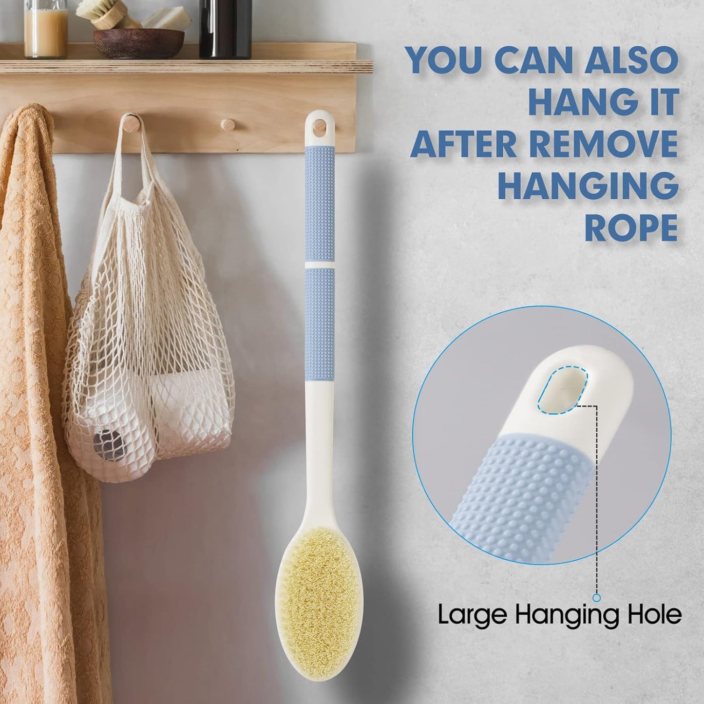 Back Scrubber Anti Slip for Shower,Shower Brush Long Handle with Stiff and Soft Bristles,Body Exfoliator for Bath or Dry Brush(Blue)