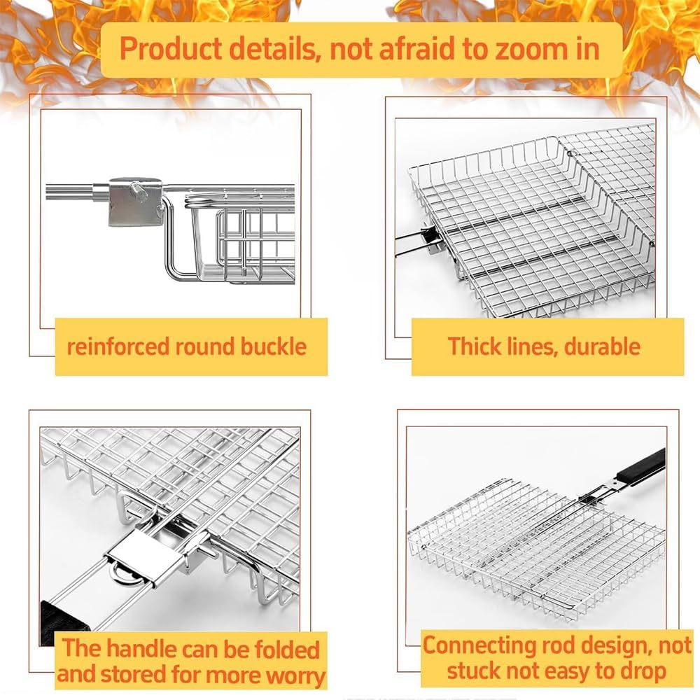 Fish Grilling Basket, Folding Portable Stainless Steel BBQ Grill Basket for Fish Vegetables Shrimp with Removable Handle, with Basting Brush and Storage Bag