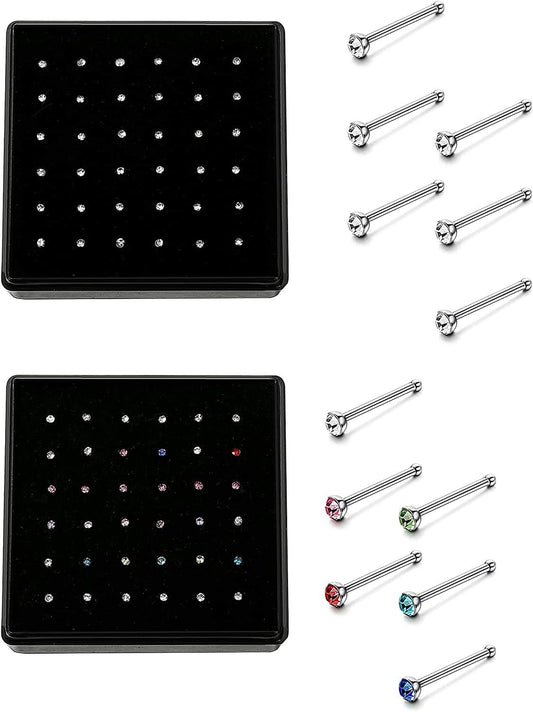 72pcs 22G Nose Studs Stainless Steel Nose Rings Studs Colorful CZ Nose Pin Piercing Jewelry Box Set for Women Men