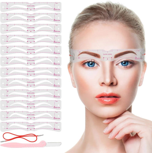 Eyebrow Stencils, 12PCS Eyebrow Shaper Kit + 1PCS Eyebrow Razor, Reusable Eyebrow Template With Strap, Elaborate Eyebrow Stencil, 3 Minutes Makeup Tools For A Variety of Face