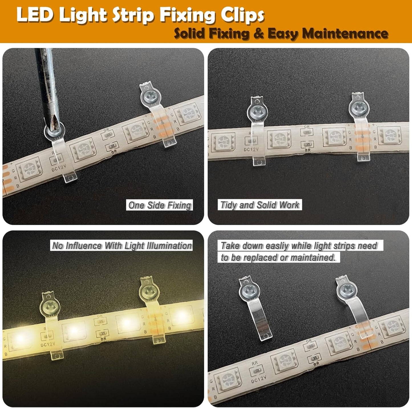 100 Pack Strip Light Mounting BracketsFixing ClipsOne-Side Fixing100 Screws Included (Ideal for 10mm Wide Waterproof Strip Lights)