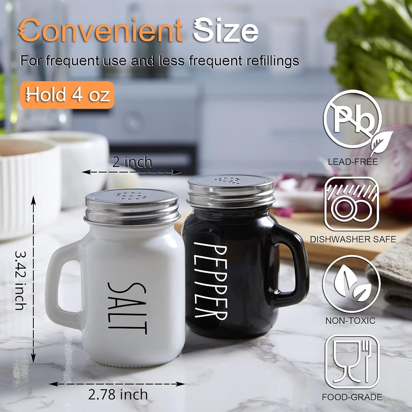 Salt and Pepper Shakers Set,  4 oz Cute Salt Pepper Shaker, Kitchen Decor for Home Restaurants Wedding, Glass Black White Shaker Sets with Stainless Steel Lids