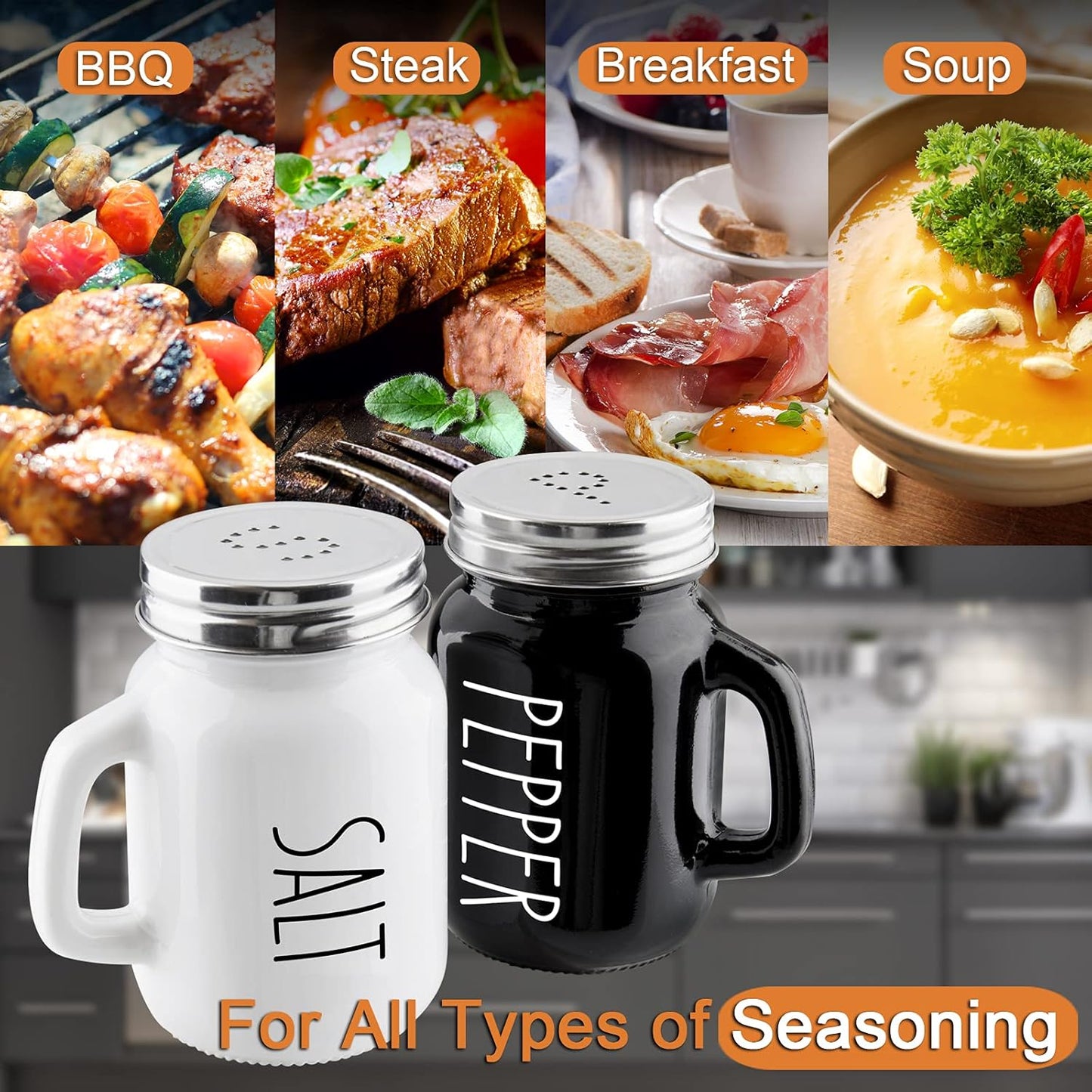 Salt and Pepper Shakers Set,  4 oz Cute Salt Pepper Shaker, Kitchen Decor for Home Restaurants Wedding, Glass Black White Shaker Sets with Stainless Steel Lids