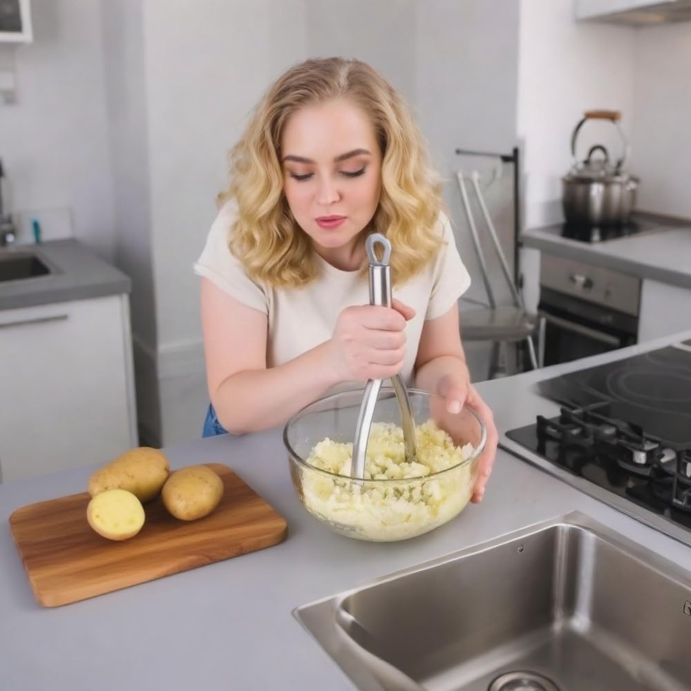 Potato Masher,Professional 18-10 Stainless Steel Potato Masher.Garlic Press,Cooking and Kitchen Gadget