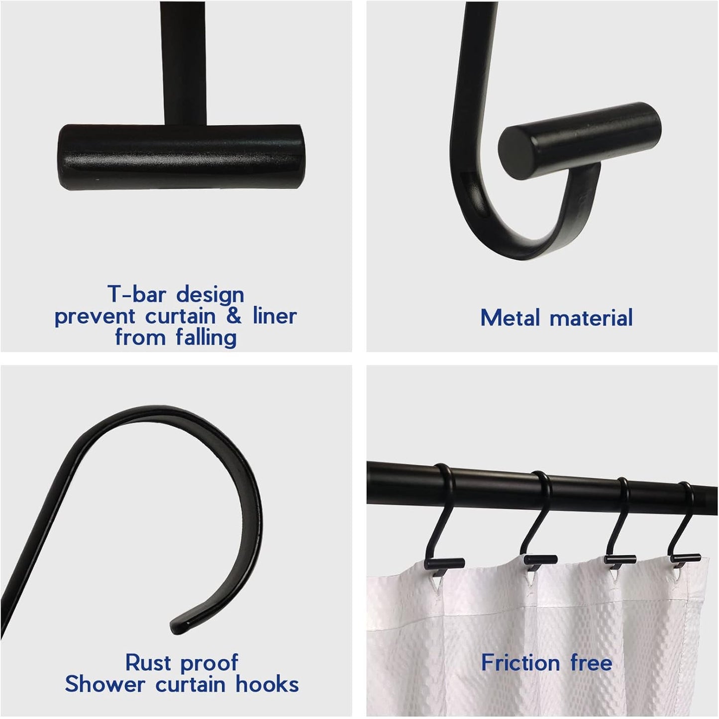 Metal Shower Curtain Hooks,Rust Proof Shower Curtain Rings for Bathroom,T-Bar Decorative Shower Curtain Hooks for Shower Rod,Set of 12(Black)