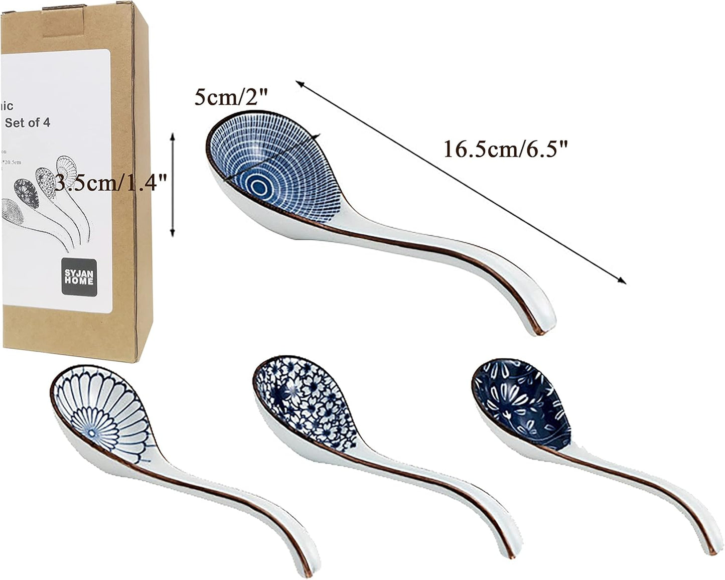 Ceramic Soup Spoons Sets of 4,Asian Soup Spoons,Long Ramen spoons,Japanese soup spoons for Pho,Wonton,Noodles,Chinese Ceramic Rice Spoons,4Pcs