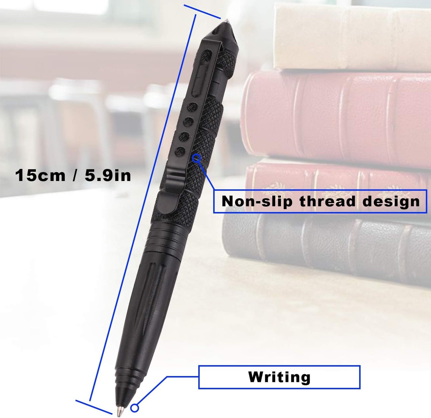 2 Pack Military Tactical Pen Set with 6 Black Ballpoint Refills for Writing, Made of Tungsten Steel & Aluminum (Black & Silver)