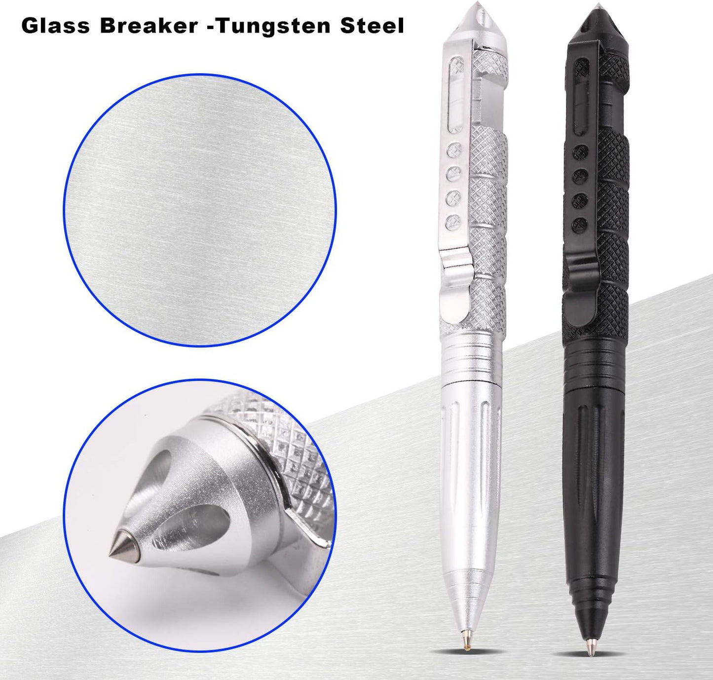 2 Pack Military Tactical Pen Set with 6 Black Ballpoint Refills for Writing, Made of Tungsten Steel & Aluminum (Black & Silver)