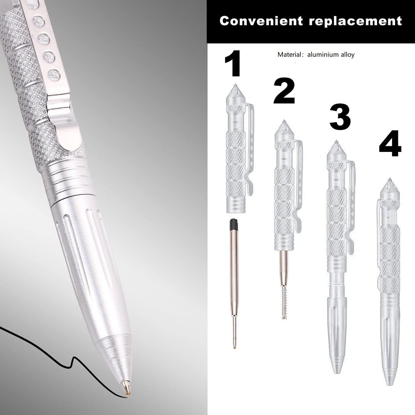 2 Pack Military Tactical Pen Set with 6 Black Ballpoint Refills for Writing, Made of Tungsten Steel & Aluminum (Black & Silver)