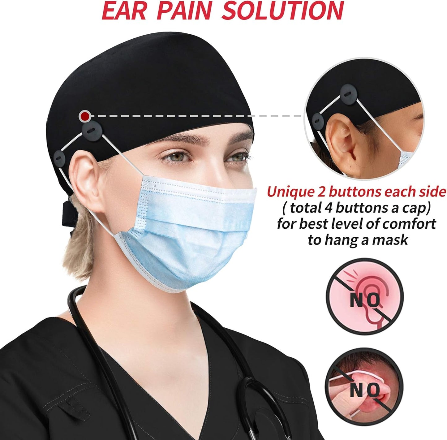Working Caps with Button and Sweatband, Adjustable Working Hats for Women Men, One Size (Tie Back or Toggle)