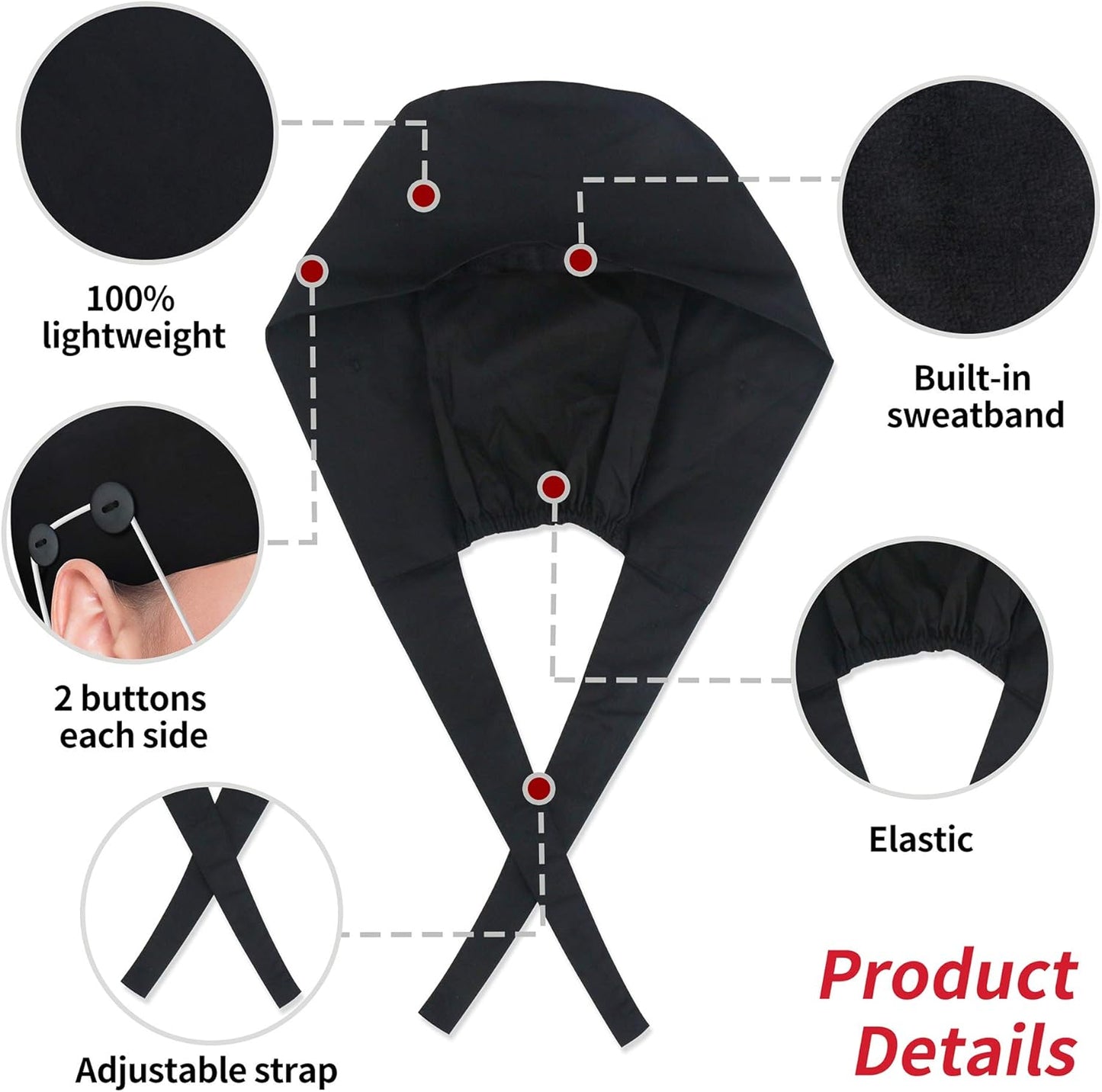 Working Caps with Button and Sweatband, Adjustable Working Hats for Women Men, One Size (Tie Back or Toggle)