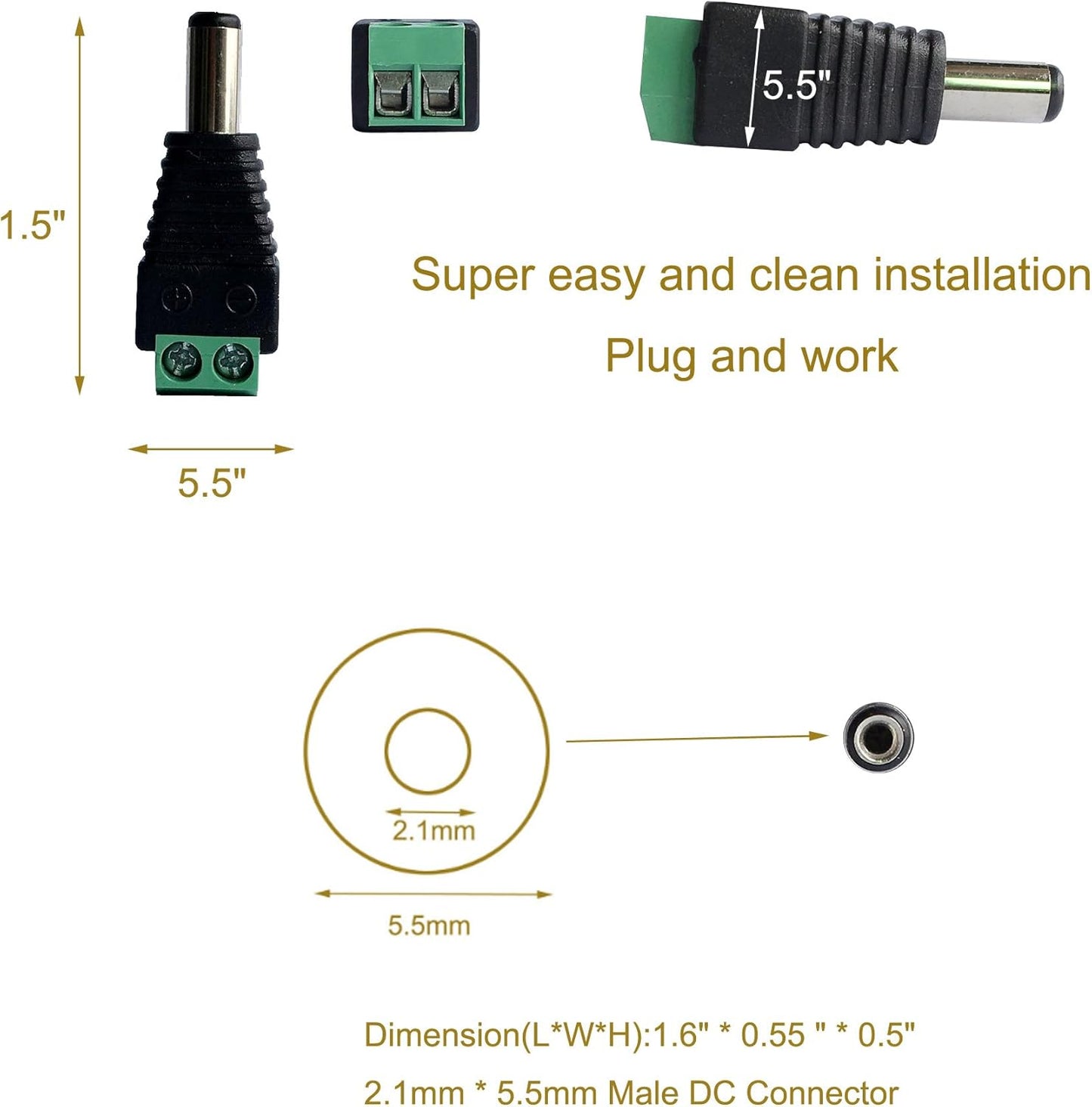 10 Male and 10 Female 12v DC Power Jack Adapter Connector for Led Strip CCTV Camera