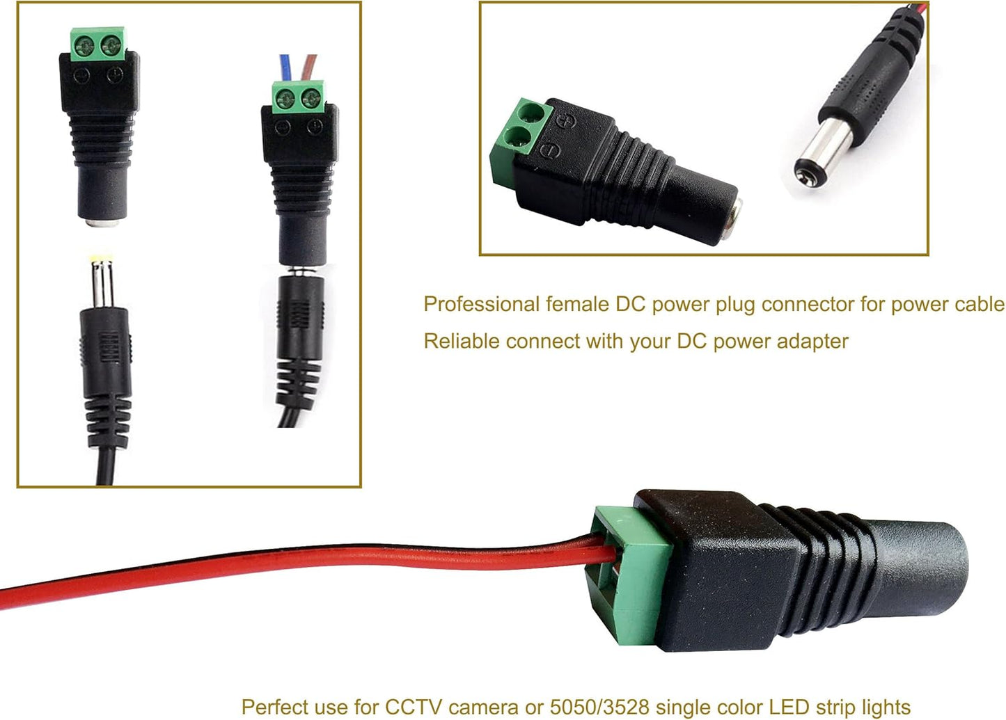 10 Male and 10 Female 12v DC Power Jack Adapter Connector for Led Strip CCTV Camera