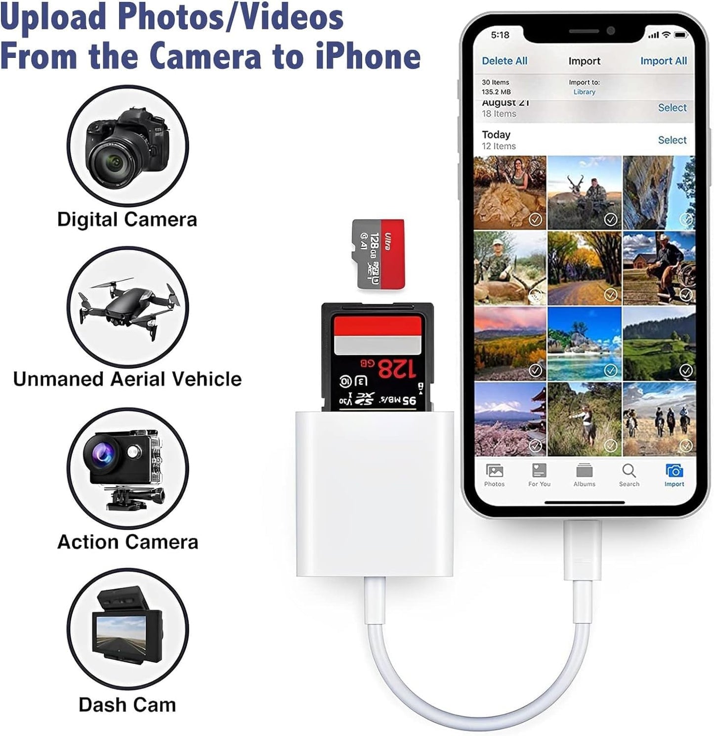 [Apple MFi Certified] USB C to SD Card Camera Reader for iPhone iPad, Dual Card Slot for iPhone 15 Pro iPad 10 iPad Pro SD/Micro SD Memory Card Reader Adapter, Trail Game Camera Viewer, Plug and Play