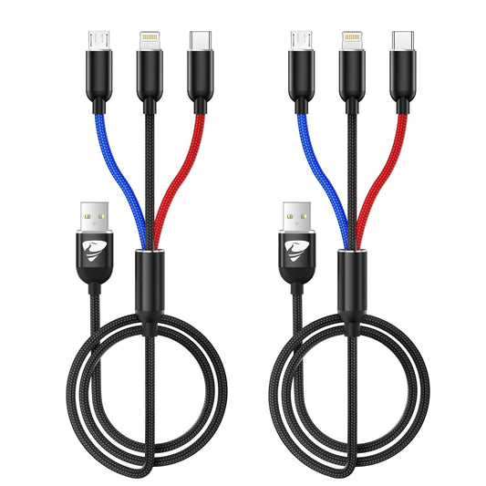 Multi Charging Cable, Multi Charger Cord Nylon Braided Multi 3 in 1 Charger Cable USB Multi Charger Cable with Type-C, Micro USB and iPhone Port, Compatible with Phones & iPads (2Pack 4FT)