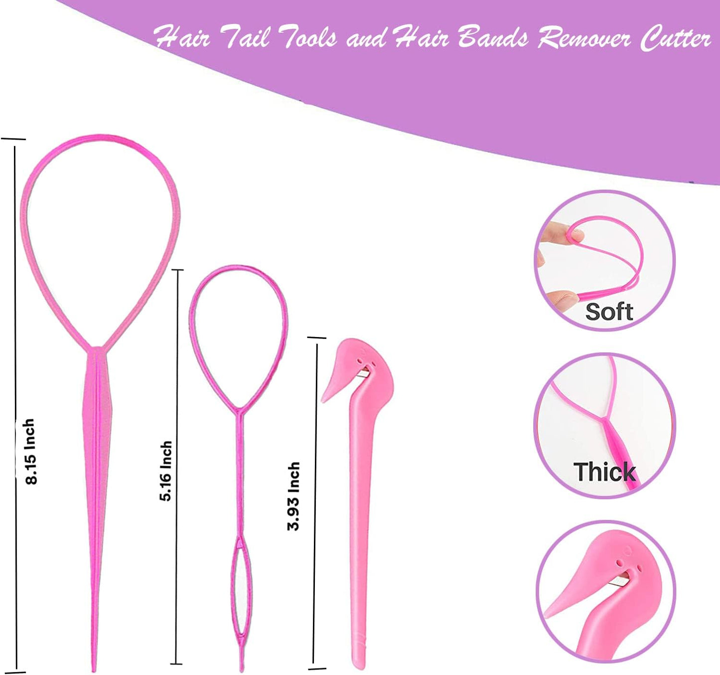 Hair Loop Styling Tool Set with 1000 Pcs Clear Mini Elastic Hair Bands 1 Pcs Rat Tail Combs for Braiding Styling 2 Pcs Hair Pull Through Tool 1 Pcs Hair Band Cutter - Pink