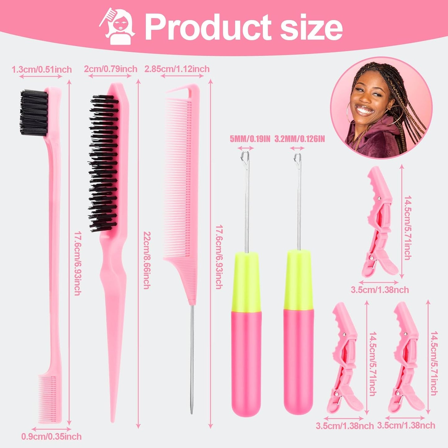 Crochet Hooks for Hair with 2pcs Crochet Needle, 1pcs Edge Brush, 1pcs Bristle Hair Brush, 1pcs Rat Tail Comb, 3pcs Gator Clips Crochet Needle for Passion Twist Crochet Hair Extensions