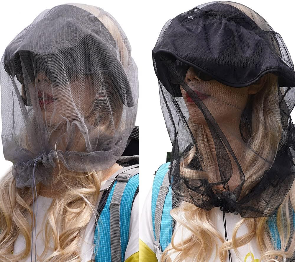 Mosquito Head Net Mesh with Drawstring, Bug Face Netting for Hats, Mesh Face Shield for Men & Women Screen Net for Any Outdoor Lover Midges, Bugs & Gnats (2 Packs, Black Grey, Updated Size)