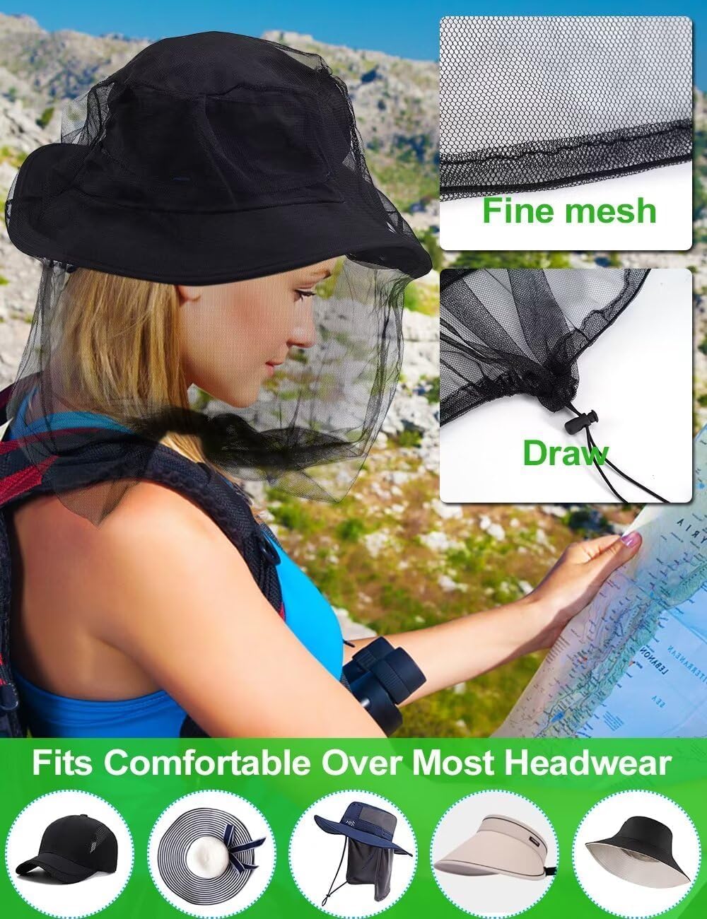 Mosquito Head Net Mesh with Drawstring, Bug Face Netting for Hats, Mesh Face Shield for Men & Women Screen Net for Any Outdoor Lover Midges, Bugs & Gnats (2 Packs, Black Grey, Updated Size)