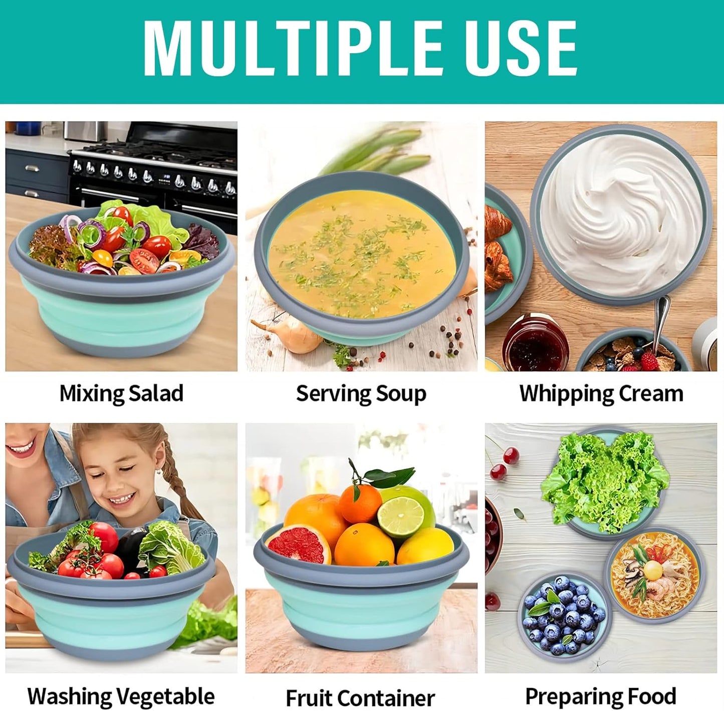 Collapsible Bowls, 3pcs Food Grade Silicone Camping Bowl Salad Bowl with lids, Portable Expandable Lunch Box Food Storage Container for Camping Travel and Picnic