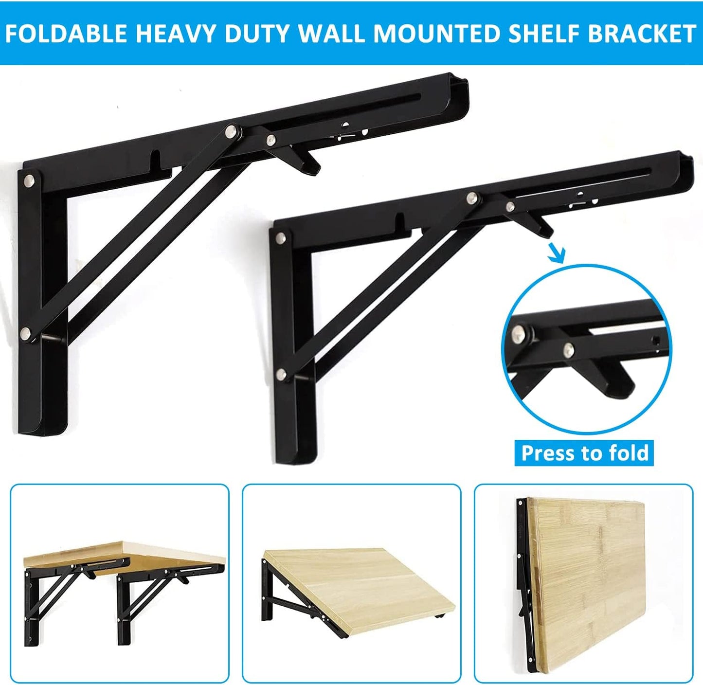 2 Pack 12 Inch Folding Shelf Brackets,  Heavy Duty Metal Wall Mounted Triangle Table Bench Max Load 220lb Collapsible Shelf Hinge with Screws for DIY Bracket, Work Table & Bench