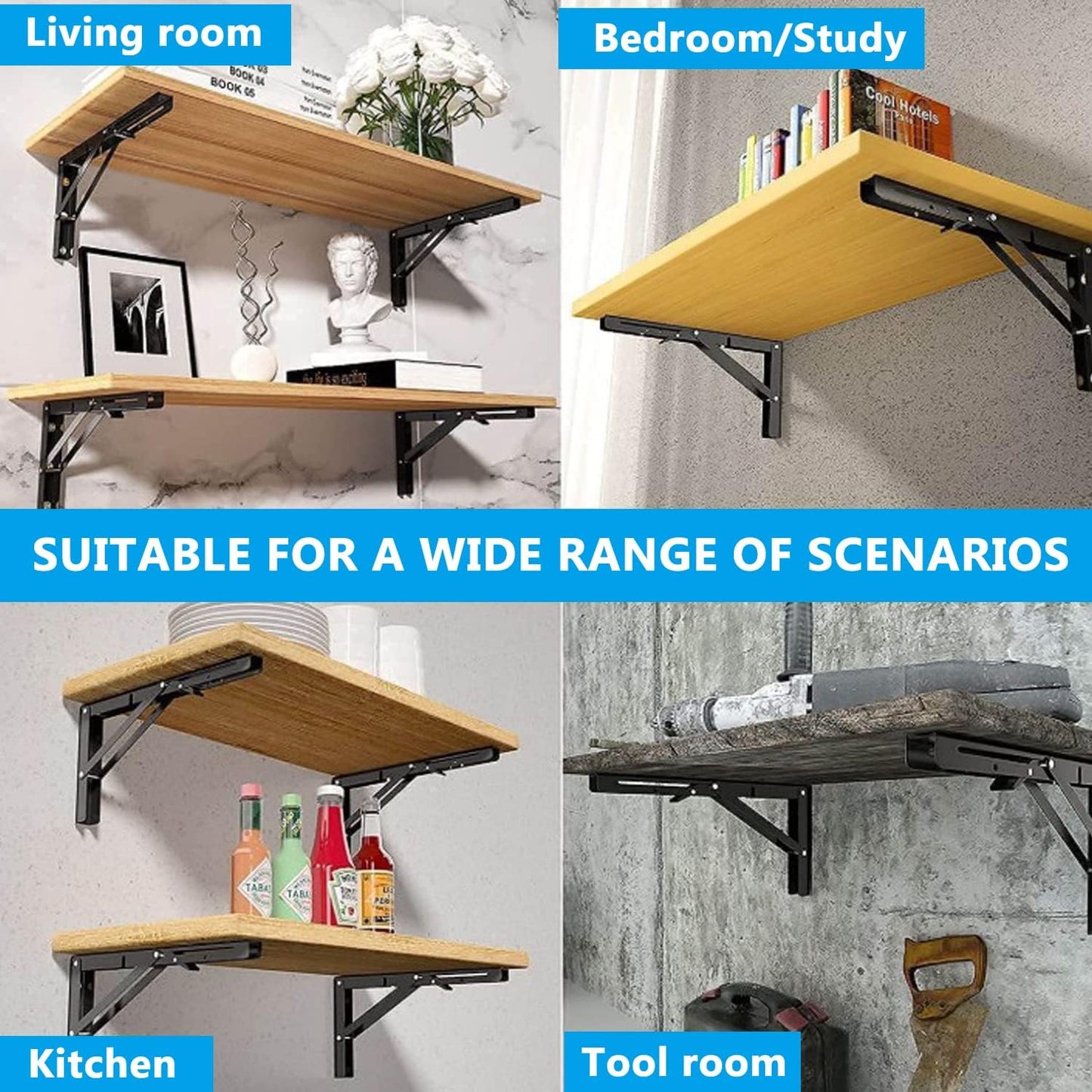 2 Pack 12 Inch Folding Shelf Brackets,  Heavy Duty Metal Wall Mounted Triangle Table Bench Max Load 220lb Collapsible Shelf Hinge with Screws for DIY Bracket, Work Table & Bench