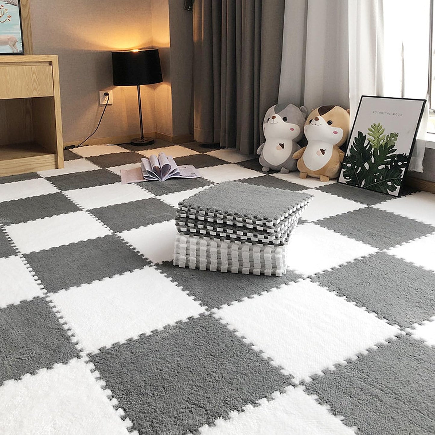 Interlocking Carpet Tiles, 10 Pack Soft Modular Squares with Non-Slip Backing for Home Bedroom Playroom Decor, Fluffy Puzzle Floor Mat Tiles (White Grey)