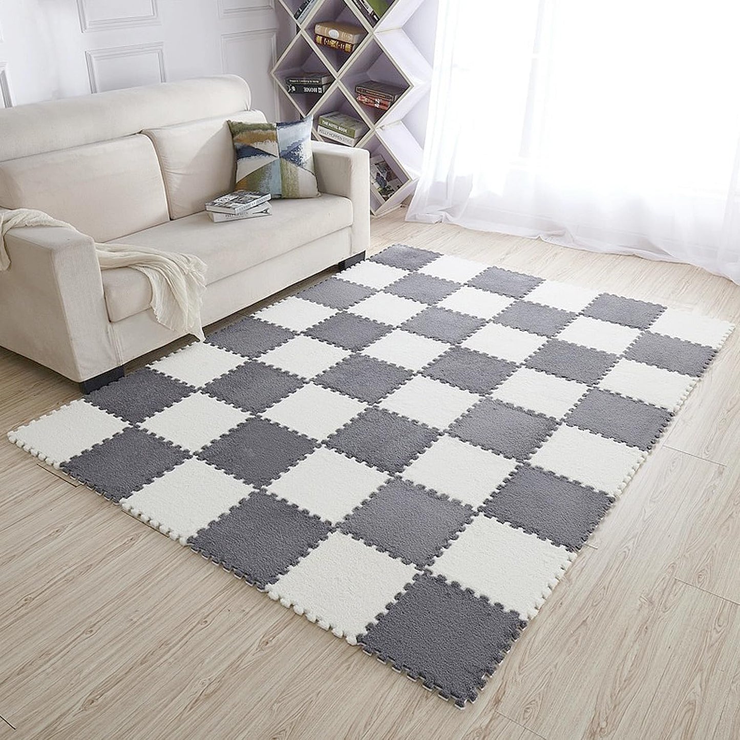 Interlocking Carpet Tiles, 10 Pack Soft Modular Squares with Non-Slip Backing for Home Bedroom Playroom Decor, Fluffy Puzzle Floor Mat Tiles (White Grey)