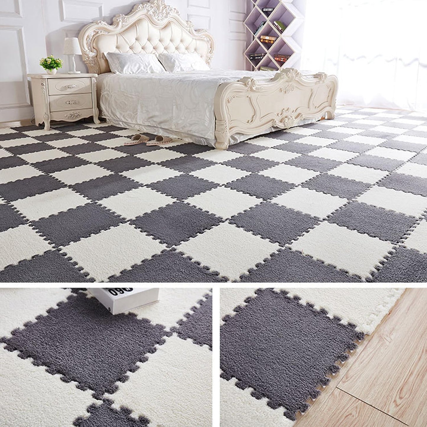 Interlocking Carpet Tiles, 10 Pack Soft Modular Squares with Non-Slip Backing for Home Bedroom Playroom Decor, Fluffy Puzzle Floor Mat Tiles (White Grey)