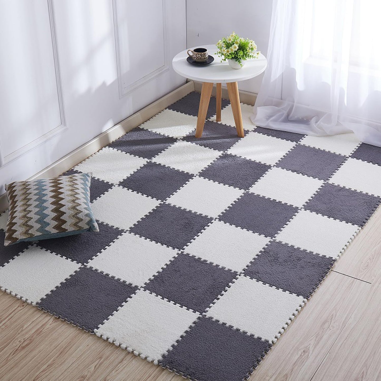 Interlocking Carpet Tiles, 10 Pack Soft Modular Squares with Non-Slip Backing for Home Bedroom Playroom Decor, Fluffy Puzzle Floor Mat Tiles (White Grey)