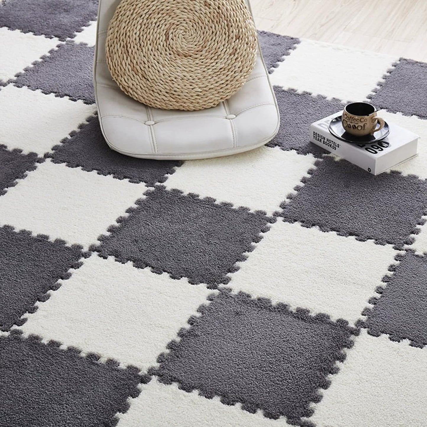 Interlocking Carpet Tiles, 10 Pack Soft Modular Squares with Non-Slip Backing for Home Bedroom Playroom Decor, Fluffy Puzzle Floor Mat Tiles (White Grey)